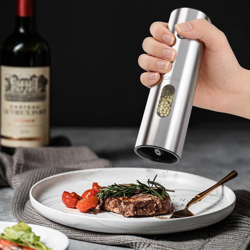 Cavir Electric Salt and Pepper Grinder Set with Charging Base,Upgraded Large Capacity, Automatic Salt and Pepper Mill Set LED light & 6-Level Adjustable Coarseness, Ideal for Home Kitchen BBQ