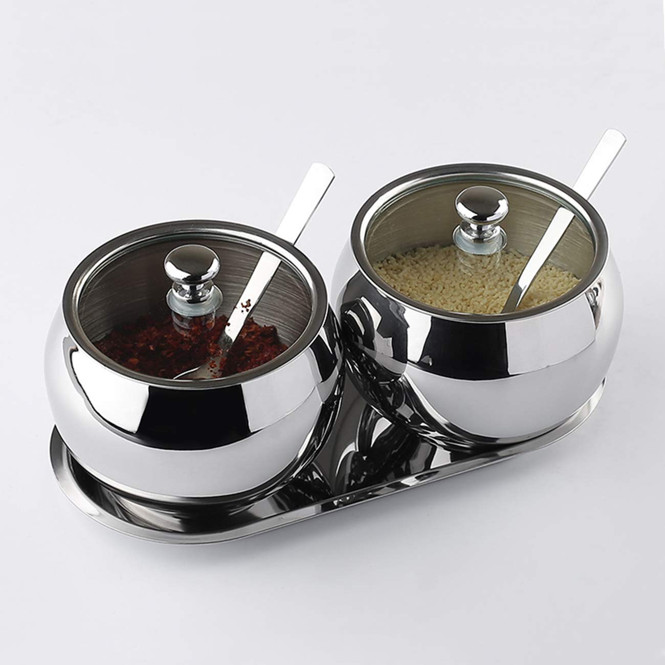 KEMIYIXIAN 2 Stainless Steel Sugar Bowl with Lid Spoon and Tray, Polished Shiny Condiment Pots for Serving Sugar Pepper Salt Spice- 330ml/ 11.6 Oz