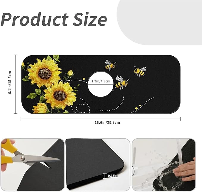 Kitchen Sink Splash Guard，sunflowers-and bees- Faucet Mat Sink Gadgets-Super