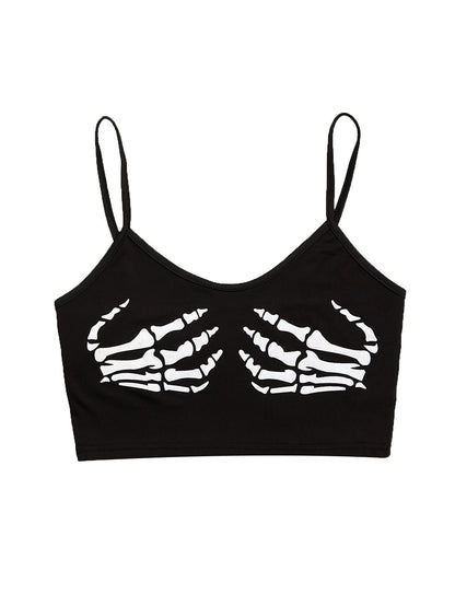 WDIRARA Women's Skeleton Skull Print Scoop Neck Spaghetti Strap Crop Cami Top Black M