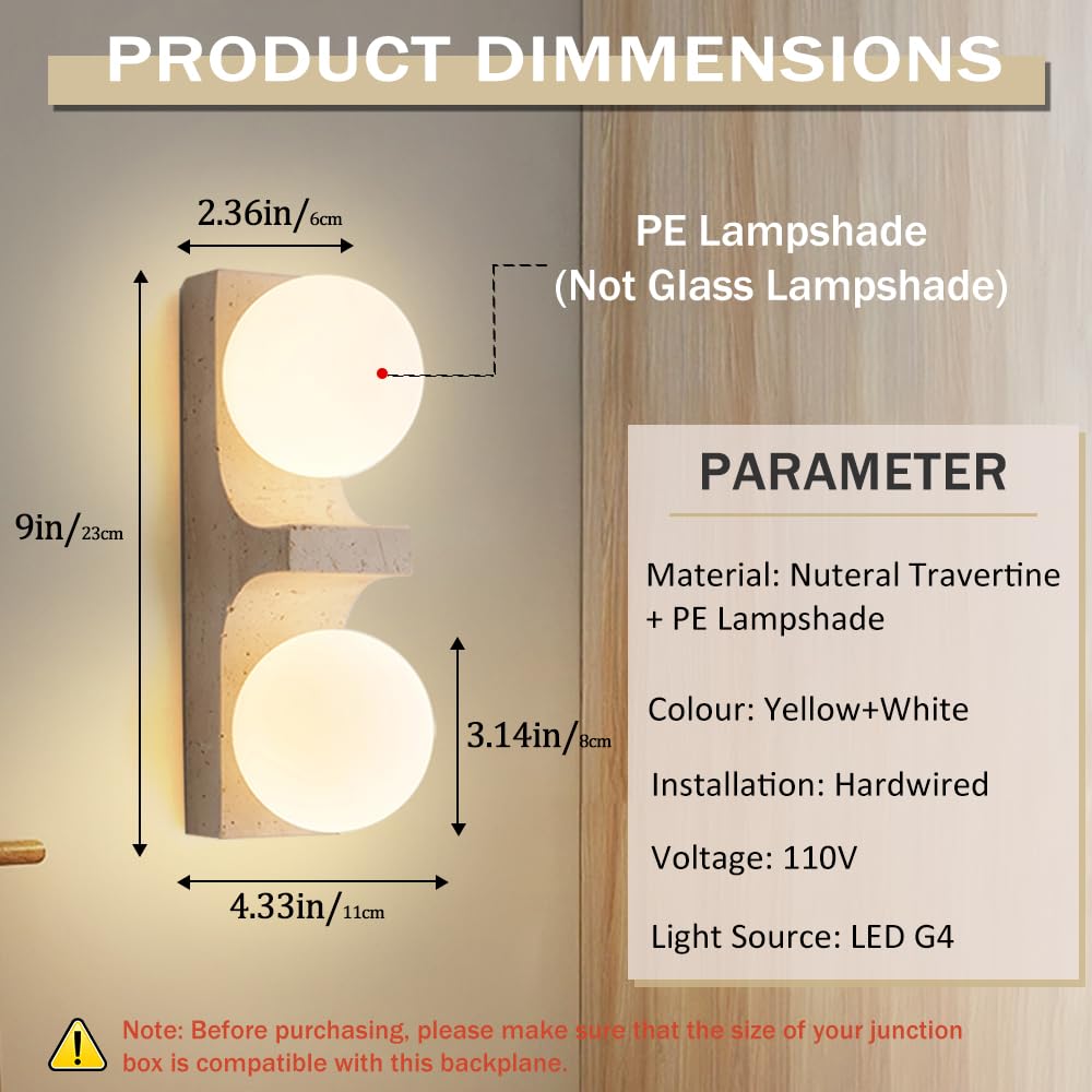OROILUPU Yellow Travertine Wall Sconce, 9.1" Wabi Sabi Wall Sconces with Double White Spherical Lampshade and Travertine Stone Base, Modern Natural Stone Wall Light for Bedroom Living Room Kitchen