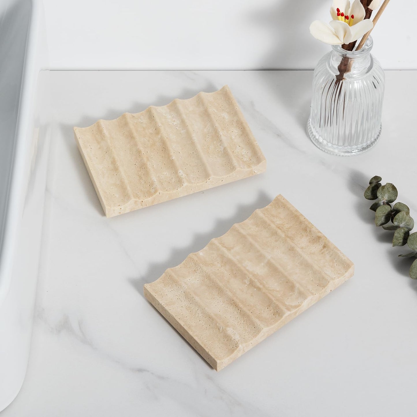 Soap Dish Rectangular, Beige Travertine Stone Soap Holder with Self Draining - Shower Bathroom Kitchen, Jewelry Ring Display Tray