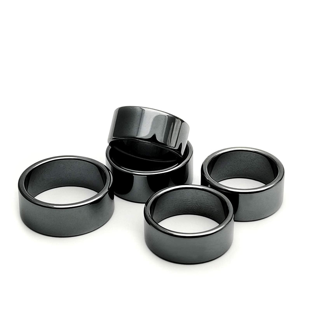 Morchic 5Pcs Pack Hematite Stone Rings for Women & Men, Unisex Flat Band Set (10mm Width) - Mixed Sizes 8-12, Chakra Balancing, Polished Gemstone, Gift Ready