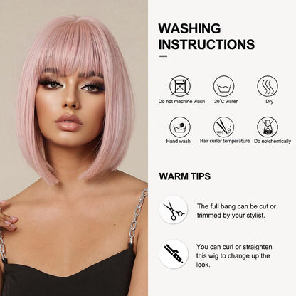 OUFEI Pink Bob Wig With Bangs Short Straight Wig For Women Synthetic Hair Wigs for Daily Party Cosplay Wear