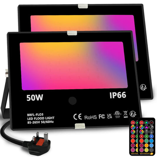 Bhochy LED Floodlight Outdoor 50W, Colour Changing Flood Lights with Remote Control, Timing, 4 Modes, IP66 Waterproof, UK 3-Plug，2 Pack