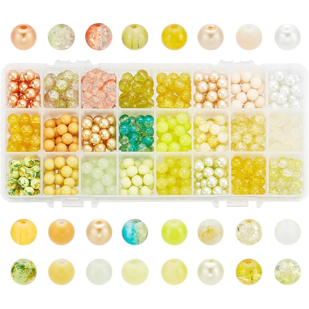 PH PandaHall 720pcs 8mm Yellow Glass Beads 24 Color Bracelet Beads Crystal Bead Baking Painted Glass Loose Bead for Fall Friendship Bracelet Earring Jewelry Making Christmas Tree Ornament