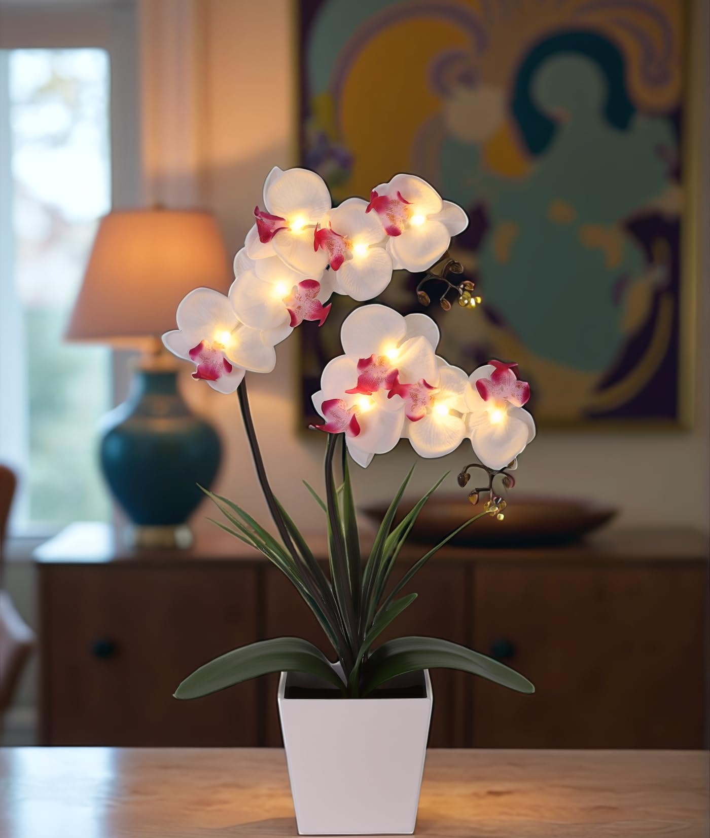 HOMESEASONS Orchid Lamp-LED Lighted Orchid Arrangements,Pre Lit Artificial Orchid,Light Up Flower Lights, Faux Orchid Phalaenopsis Arrangement (White)
