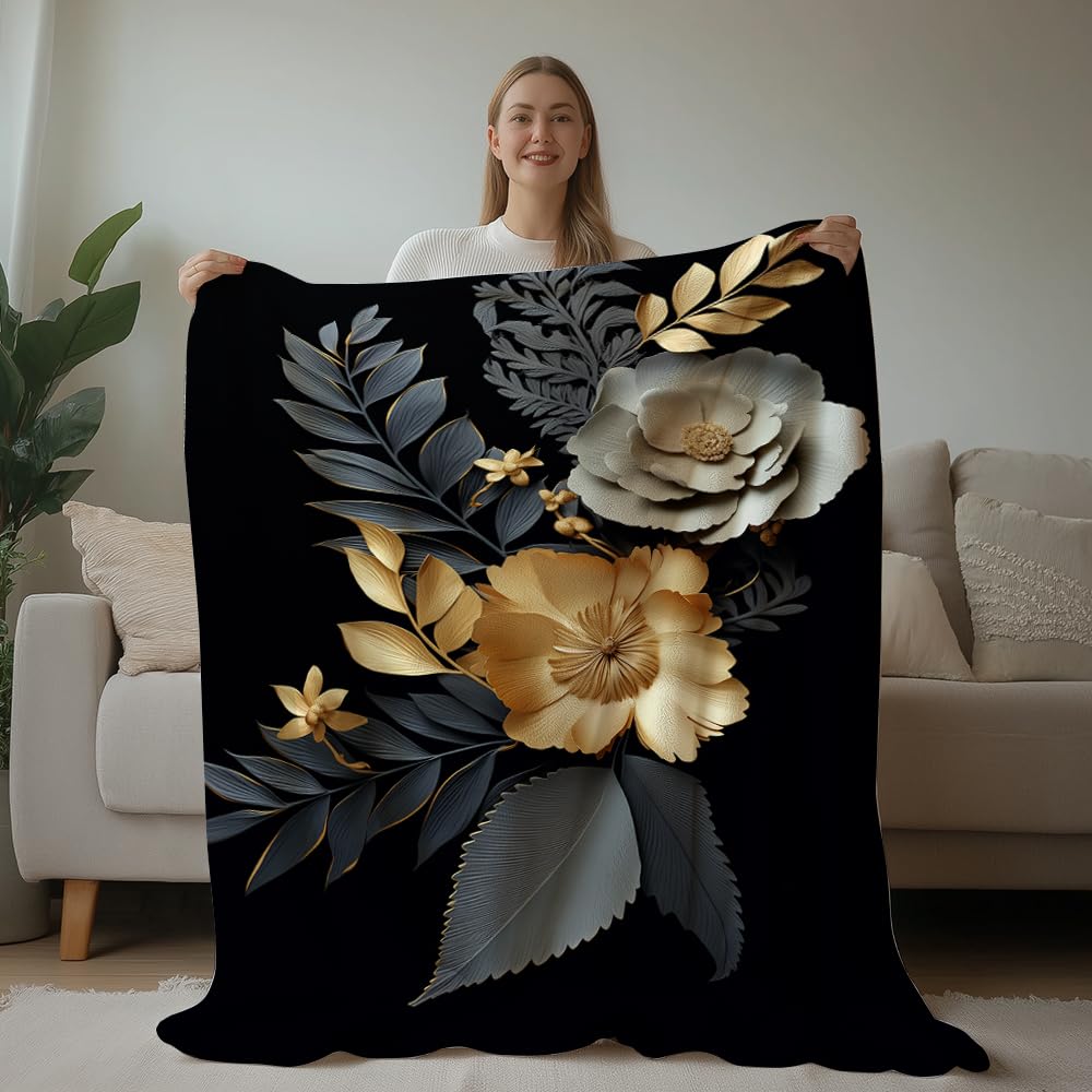 HUNXIAOJ Black and Gold Throw Blanket Abstract Print Blanket Gold Leaves Throw Abstract Bedding Warm Soft Flannel for Adults Bed Sofa Couch (50 in x 60 in)