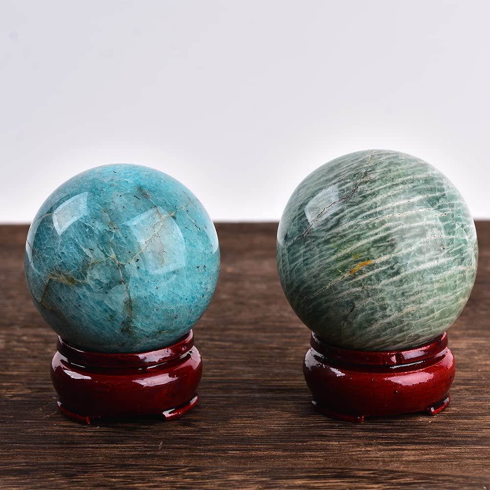 JIC Gem Natural Amazonite Crystal Ball with Wood Stand Gemstone Sphere,Polished Healing Energy Mineral Gemstone Balls for Reiki Chakra Decoration Fengshui (50-60mm)