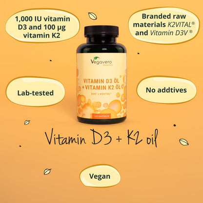 Vegavero Vitamins D3 K2 Oil | Vegan & NO Additives | Cholecalciferol & All-Trans MK-7 | 1000 IU Vitamin D + 100 µg VIT K2 | 120 Vegan Capsules
