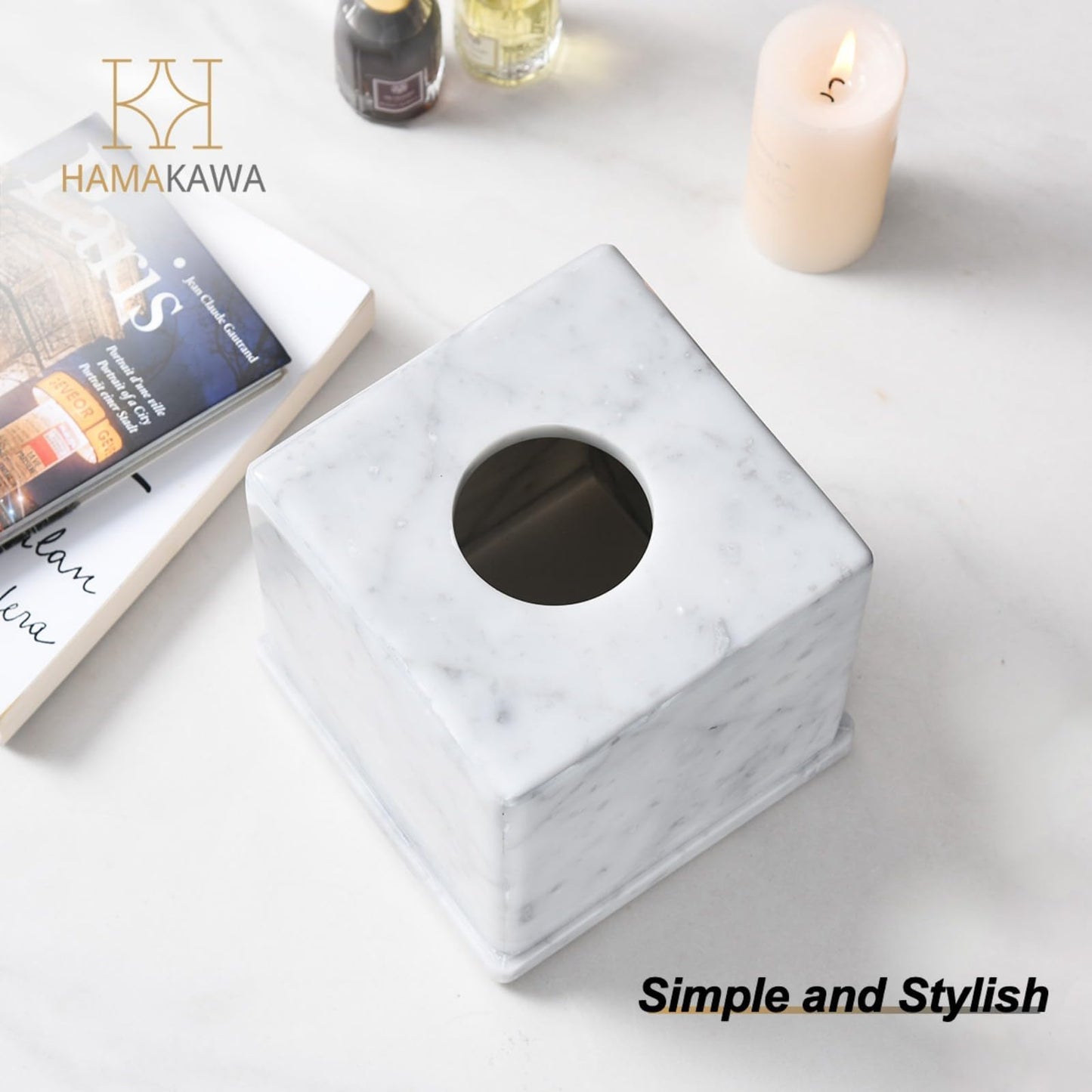 HAMAKAWA Natural Marble Tissue Box Cover, Carrara White Tissue Organizer 6 x 6 x 5.7 inch, Heavy Stone Decorative Box, Square Tissue Box Holder for Home Decor, Kitchen, Bathroom, Bedroom