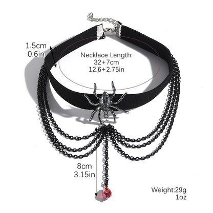 Spider Velvet Choker Gothic Necklace with Crystal Layers - Black Halloween Party Costume Jewelry Gift