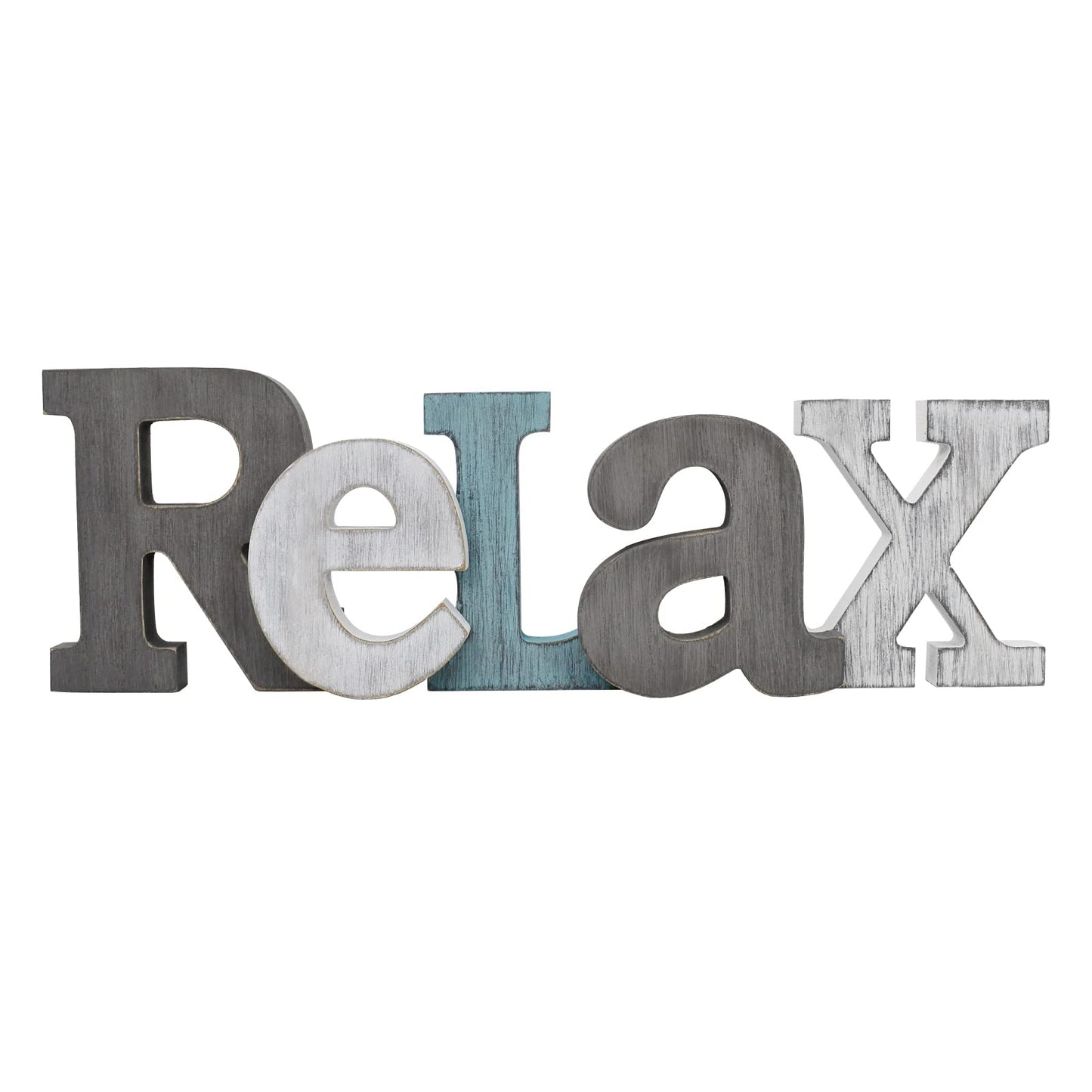 Rustic Wooden Teal Home Sign Decorative Cutout Letters Freestanding Block Word Sign Hanging Ornament Table Shelf Decor (Relax)