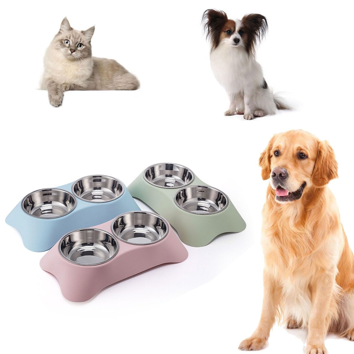 Double Dog Bowl,Non Slip Non-spill Stainless Steel Double Bowl with 1 Pet Food Spoop For Small Dogs and Cats (Green, S)
