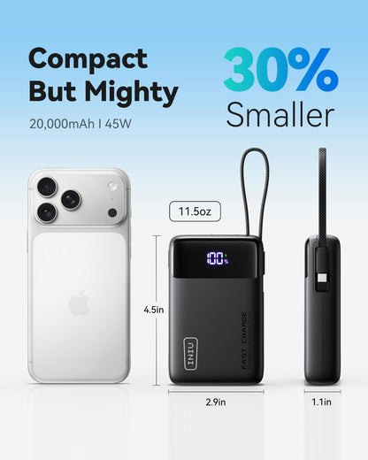 INIU 20000mAh Power Bank, Small Portable Charger, 45W PD Fast Charging Battery Pack with Build in USB-C Cable, Travel Phone Charger for iPhone 17 16 15 14 Air Samsung S25 S24 Google iPad Xiaomi, Black