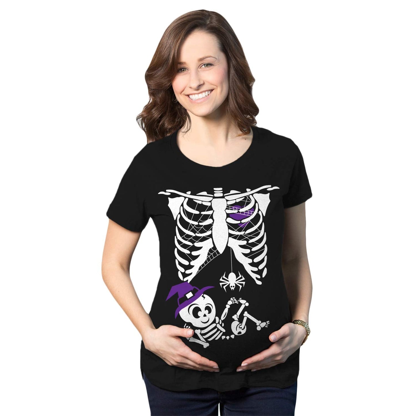 Maternity Witch Baby Bump Skeleton Cute Pregnancy T Shirt Halloween Night Funny Graphic Pregnancy Tee Halloween Maternity Wear Funny Maternity Shirts Black - XL