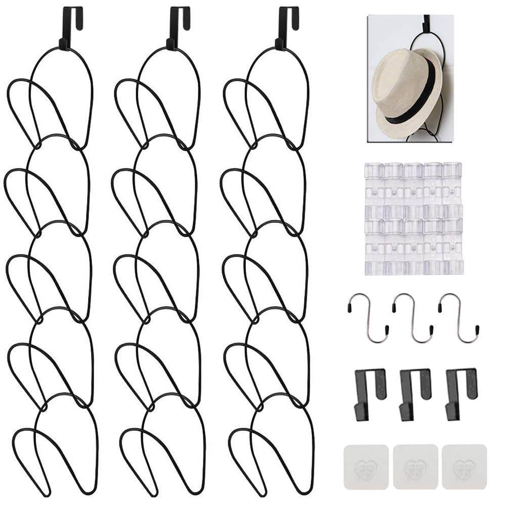 LINFIDITE 15 Pack Hat Rack Hanger Holder Organizer Closet Hanging Baseball Cap Display Storage Rack for Scarves Handbags Towels Clothes Ties Over Door Wall Mounted w Hanging Hook Black