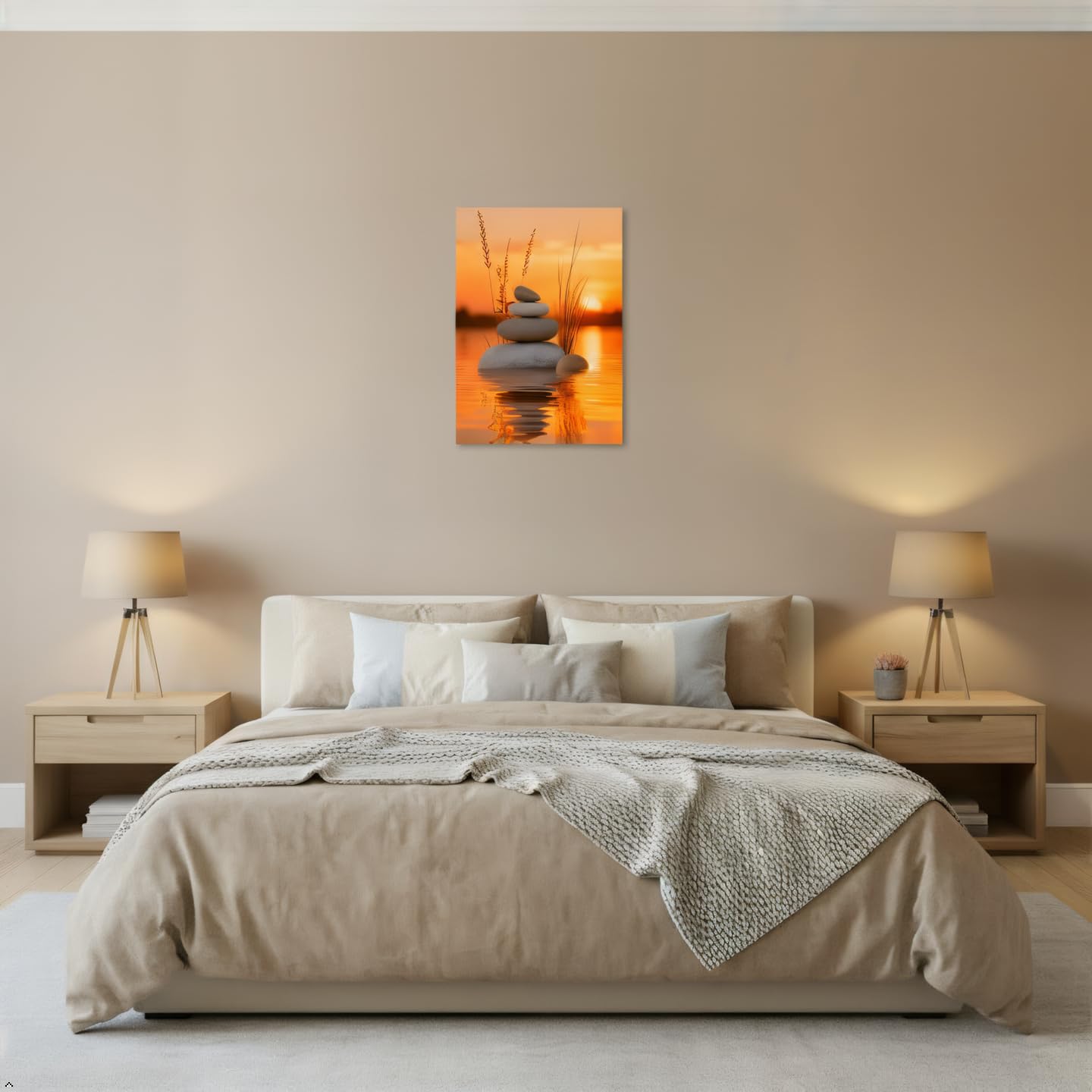 Zen Stone Canvas Wall Art, Sunset Lake Meditation Canvas Painting, Stacked Balance Stones Nature Landscape Artwork, Spa Relaxing Wall Decor for Bathroom Bedroom Living Room, Ready to Hang 12x16 16x24