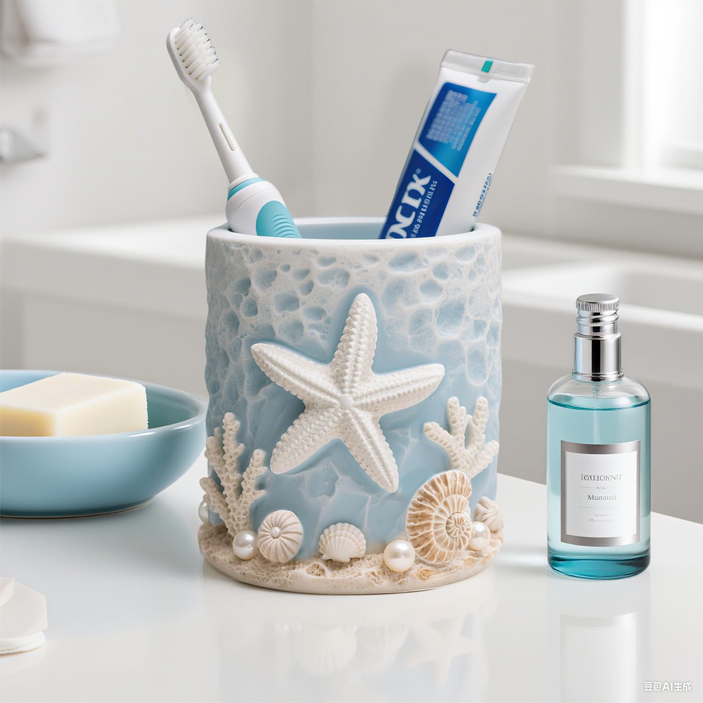 WAIT FLY Resin Starfish Toothbrush Holder, Toothbrush Organizer and Toothpaste Holder Beach Theme Bathroom Decor