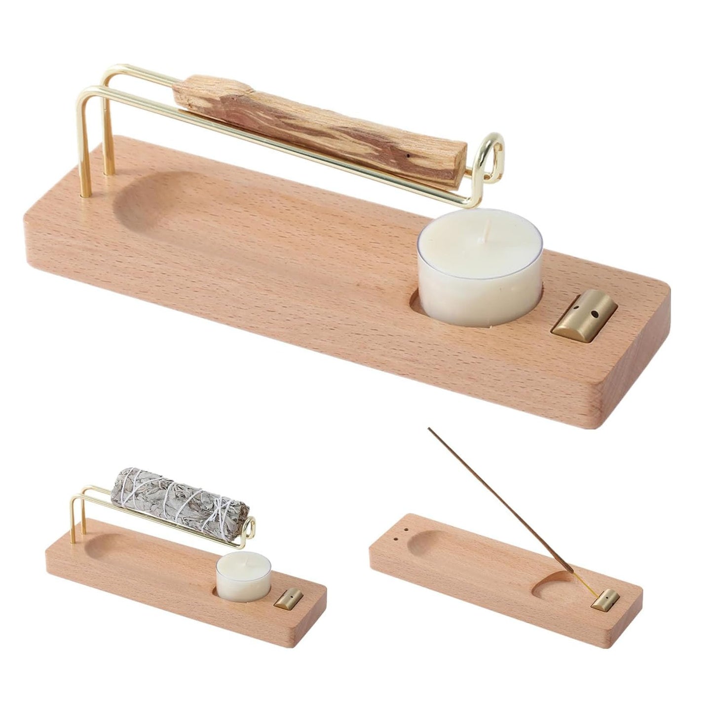 4 in 1 Incense Holder Suit with Wooden Base and Brass Holder, for Burning Palo Santo, Sage Sticks, Holy Wood, Multi-Functional with Ash Catcher and Tealight Candle Holder