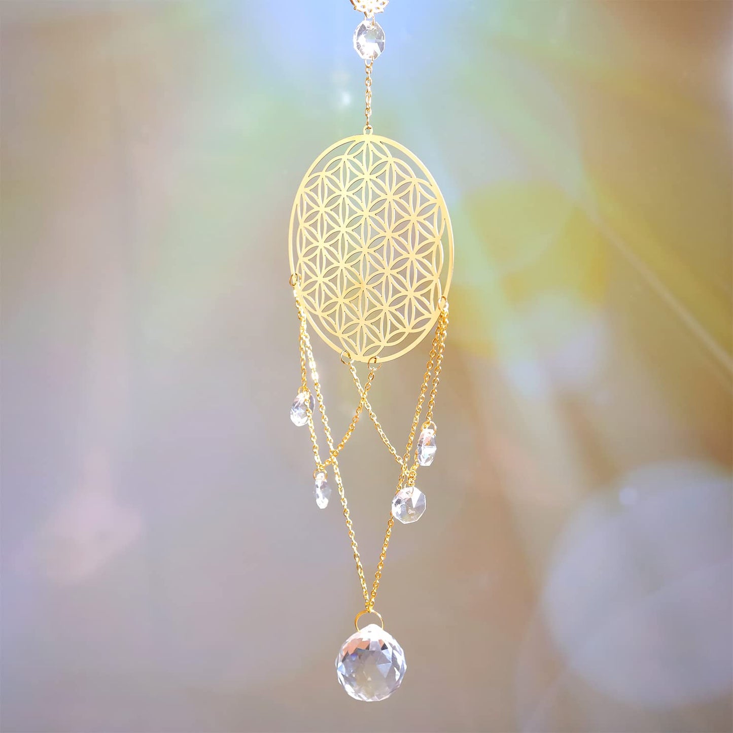 Ascending Chi Flower of Life Crystal Suncatcher, Sacred Geometry Wall Decor, Home Office Garden Decorative Hanging Ornament