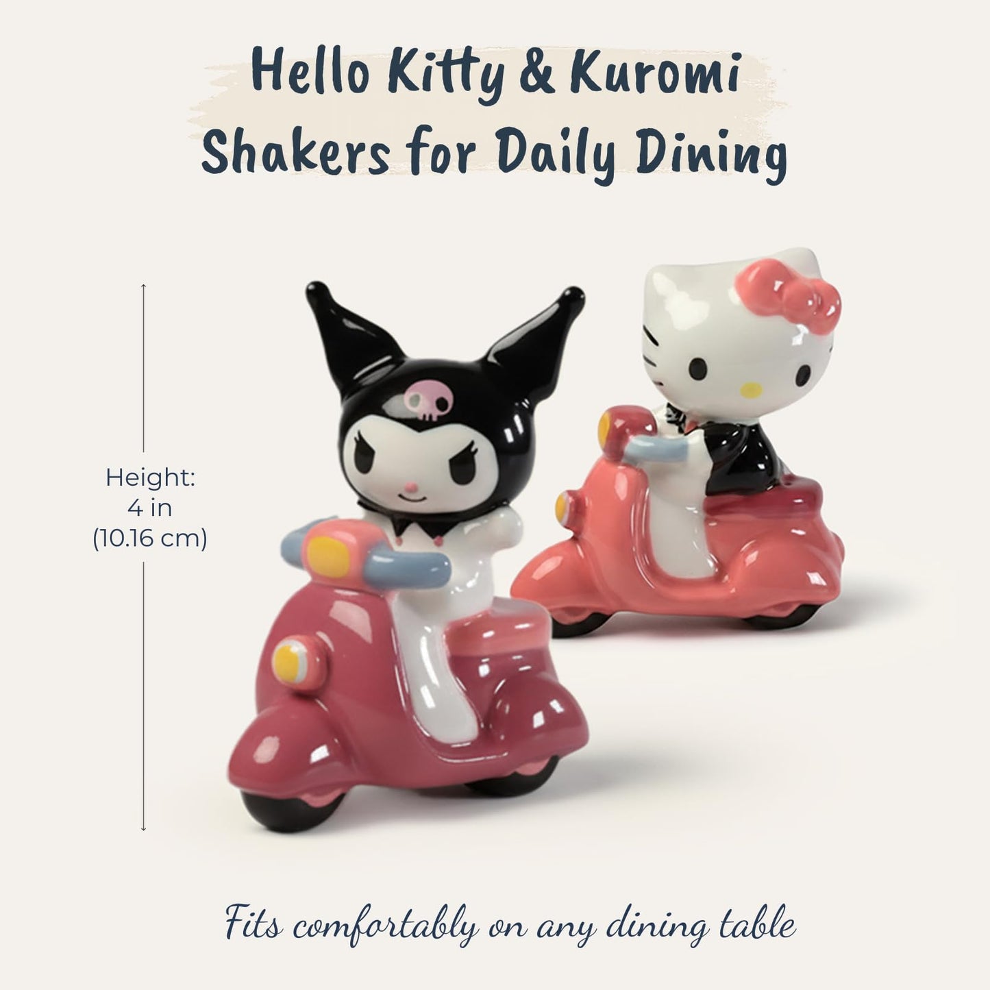 Blue Sky Clayworks Hello Kitty & Kuromi Scooter Salt and Pepper Shaker Set, 7” Licensed Sanrio Collectible