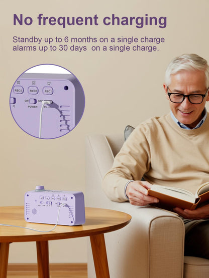 Bovintex Medication Pill Reminder, Rechargeable Talking Alarm Clock with 3 Custom Voice Recording Alarms, Touch-to-Talk, a Digital Alarm Clocks Gift for Mom/Dad/Seniors/Elderly(Pruple)