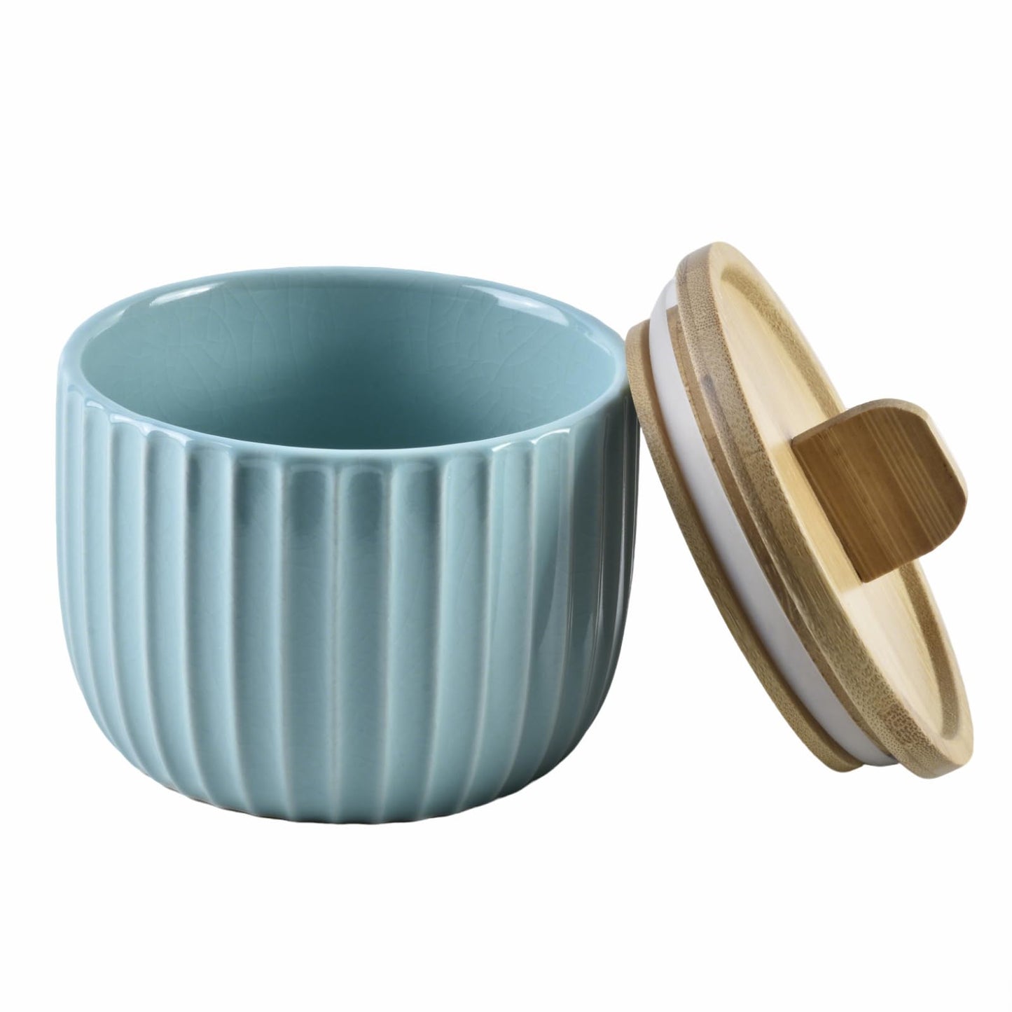 Lunavita Salt Cellar Keeper with Bamboo Lid, 14oz Big Capacity Ceramic Sugar Bowls Pepper Box, Crackle Glaze Seasoning Container Condiment Pot for Kitchen (Cyan Color)