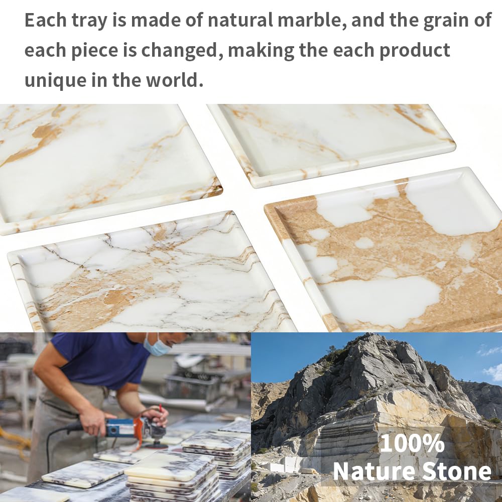DUANYAN Natural Marble Tray for Kitchen Counter Living Room, Stone Plate for Fruit Jewelry Perfume Cosmetics Key, Decorative Tray for Table Decor (Calacatta-Glod/Square 9.8"x9.8"x0.7")