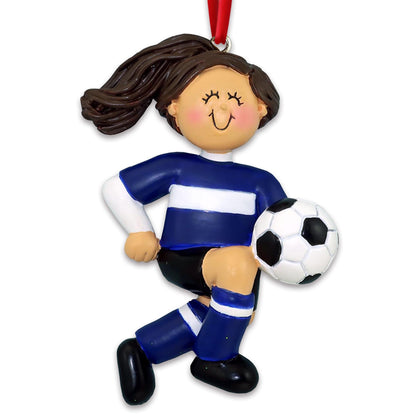 3D Girl Soccer Ornaments for Christmas Tree - Personalized Soccer Ornament 2025 Personalized Christmas Ornaments for Kids Gifts for Girls Custom Name & Year Brunette Player with Blue Jersey Keepsake