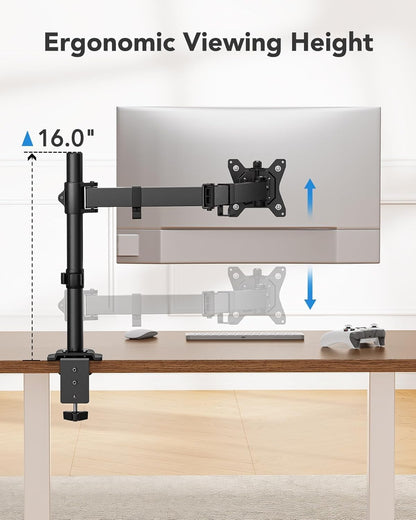 HUANUO Single Monitor Mount, Monitor Arm for 13”-32” Monitors up to 17.6 lbs, Adjustable Stand with 16” Max Height, Desk Mount with C-Clamp and Grommet Base, VESA 75x75mm or 100x100mm