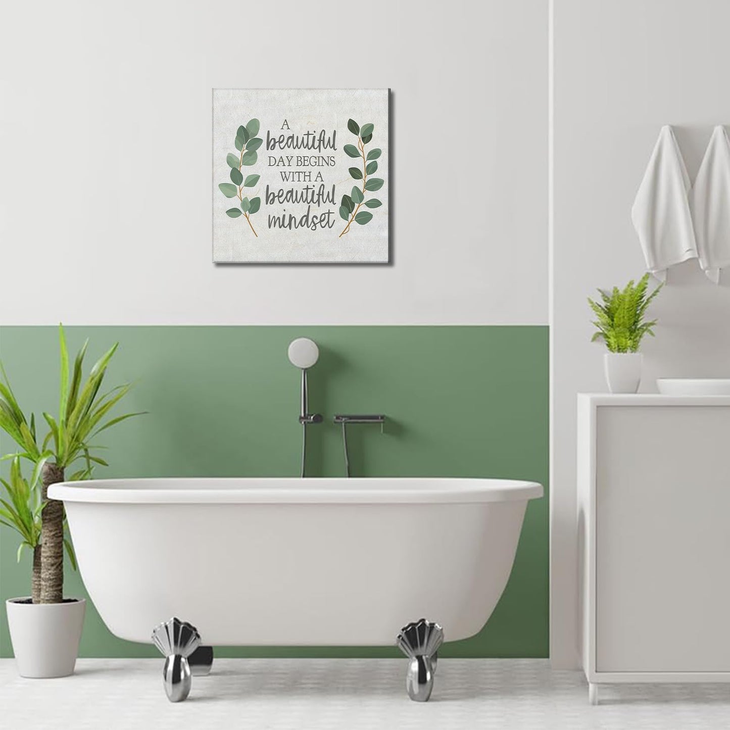 Framed Inspirational Wall Art Minimalist Eucalyptus Wall Decor Motivational Positive Quotes Canvas Posters Prints Green Botanical Pictures for Office Living Room Bedroom Decoration (12"x12")