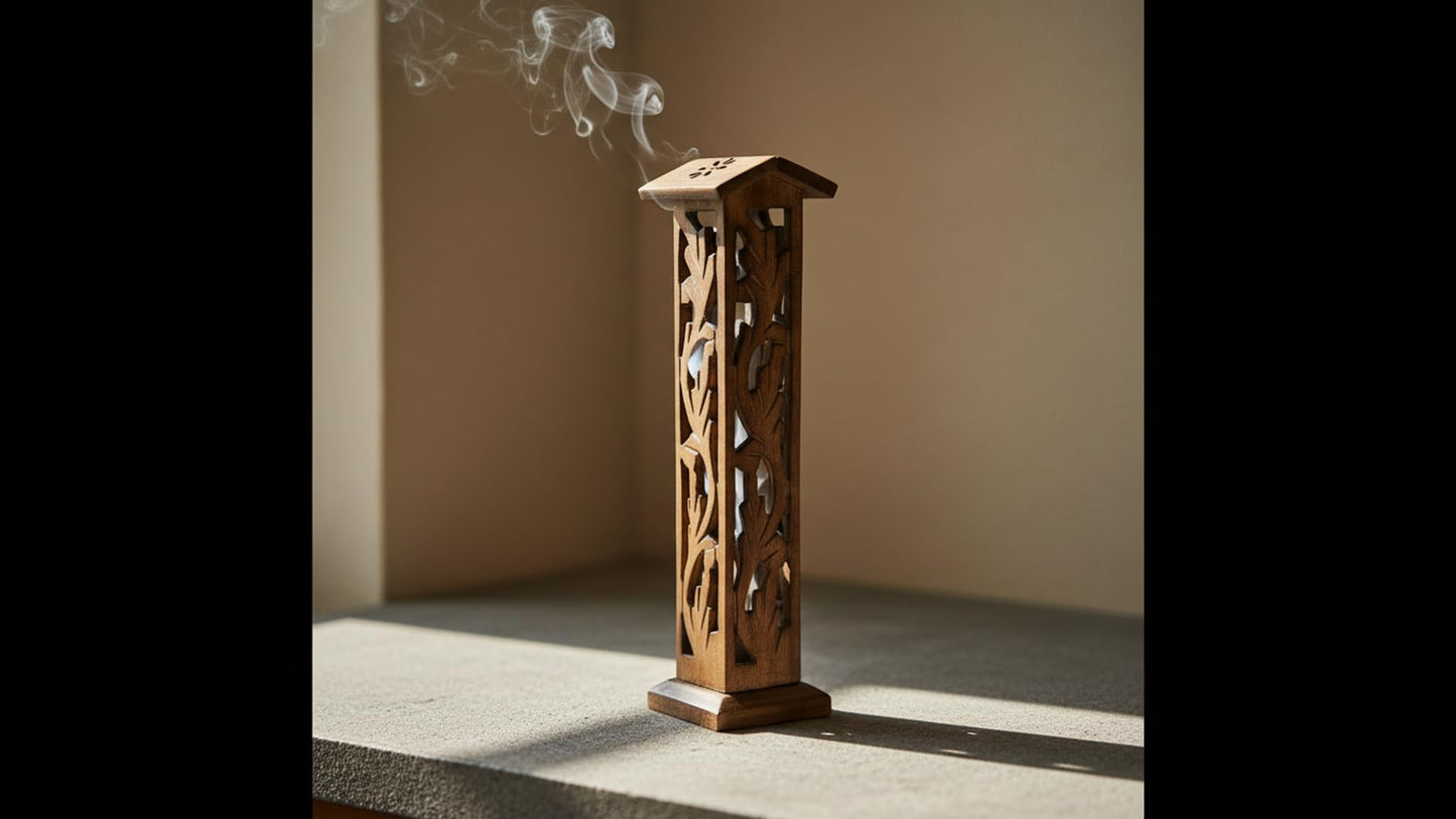 Wooden Incense Stick & Cone Burner Holder Tower Large Organic Eco Friendly Ash Catcher Agarbatti Holder Rustic Style Hand Carved for Meditation Yoga Aromatherapy Home Fragrance Products (Natural)