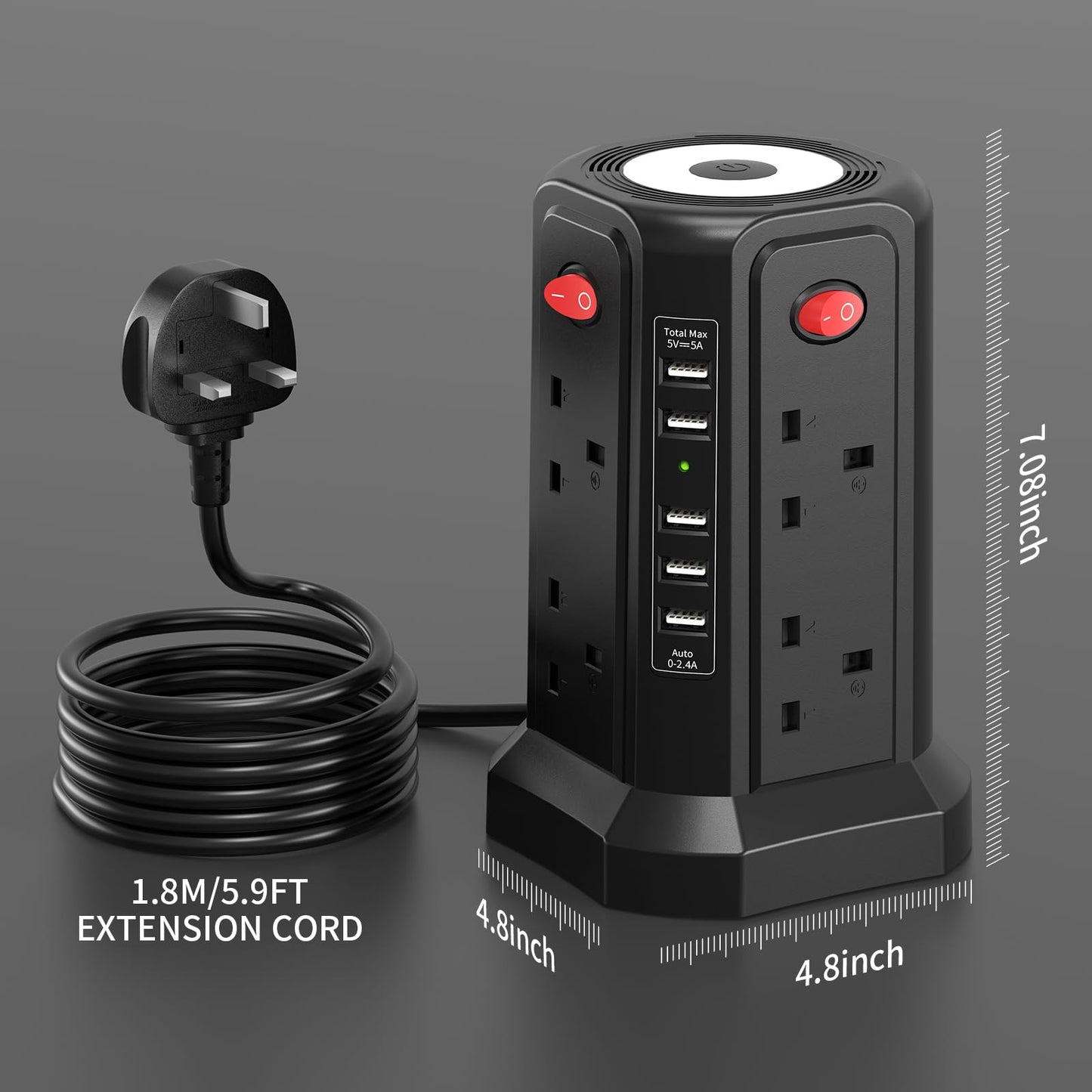 Tower Extension Lead with USB Slots and Night Light, (13A 3250W)5 USB Ports & 8 Way Socket Extension Tower, Surge Protected Extension Lead with 4 Switches, 1.8M Extension Cable for Home, Office