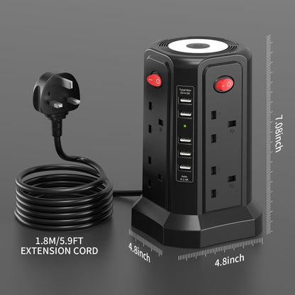 Tower Extension Lead with USB Slots and Night Light, (13A 3250W)5 USB Ports & 8 Way Socket Extension Tower, Surge Protected Extension Lead with 4 Switches, 1.8M Extension Cable for Home, Office