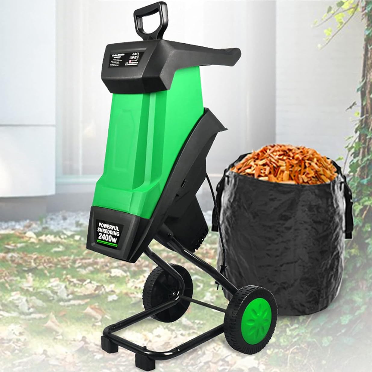 CYMYYDS 2400W Electric Garden Shredder, Wood Chipper Garden Mulcher for Leaves and Branches with 50L Collection Bag & Wheels, Max Diameter 40mm, for Yard Cleanup, Composting Green