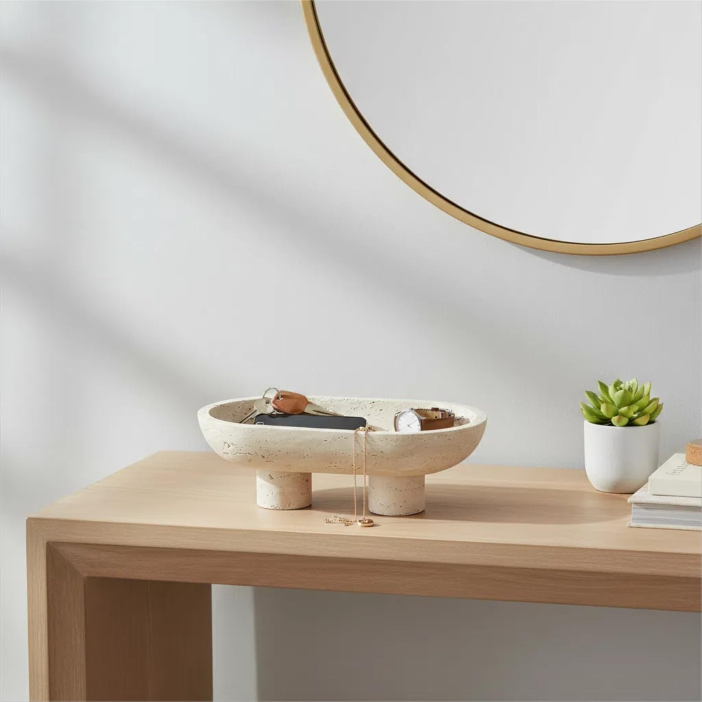 GEOONA Natural Travertine Fruit Bowl, Multi-Functional Oval Stone Tray with Two Elevated Legs, Decorative Organizer for Fruit, Jewelry, Keys in Kitchen, Living Room, Entryway