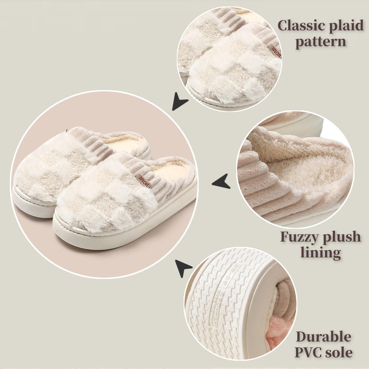 VTTDB Checkered Slipper House Slippers for Women Men Plush Warm Fuzzy Slippers Flyffy Bedroom Shoes Indoor Slip On (8.5-9 Women/7-8 Men,Beige,Numeric Range,Medium,8.5,9)