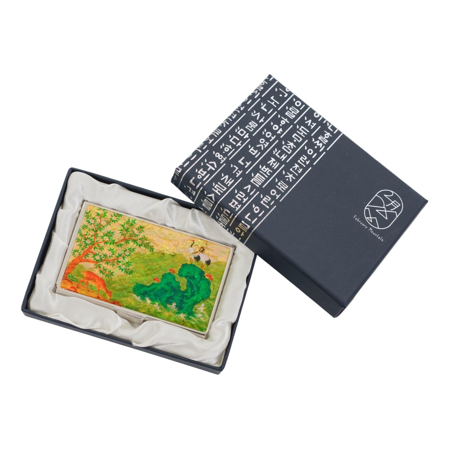 February Mountain Korean Mother-of-Pearl Business Card Holder – Crane & Deer Nature Design | Unique Asian Art Office Gift for Men & Women | Elegant Card Case for Professionals