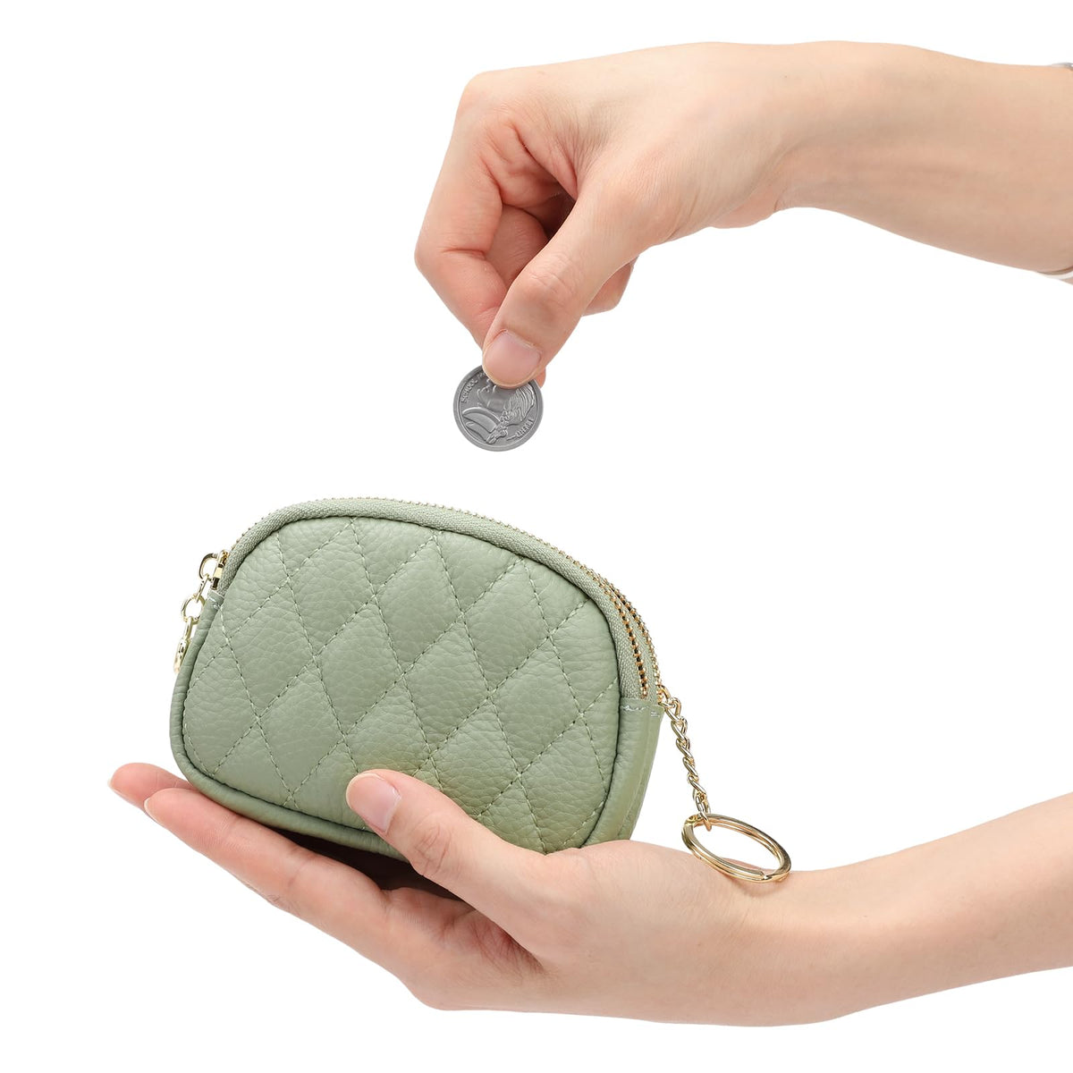 SENDEFN Women's Coin Purse Genuine Leather Wallet Small 2 Zippers Change Pouch Purse with Keychain Ring