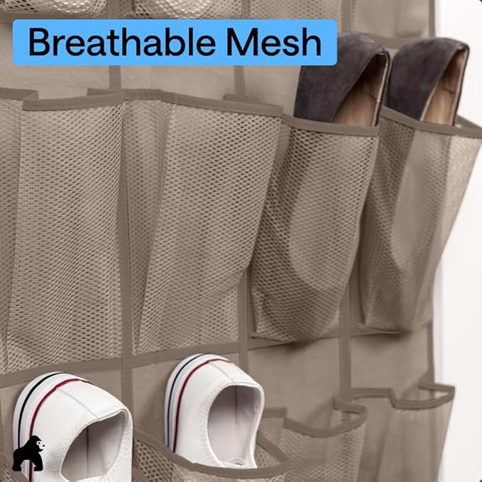 GORILLA GRIP Over the Door Shoe Organizer, 24 Large Breathable Mesh Pockets