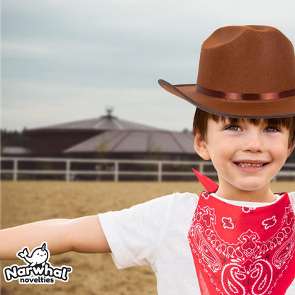 Narwhal Novelties Junior Brown Cowboy Hat with Red Bandana Set - Kids Western Wear with Felt Cowboy Hat for Boys, Kids Cowboy Hats for Dress up Parties - Kids Cowgirl Hat