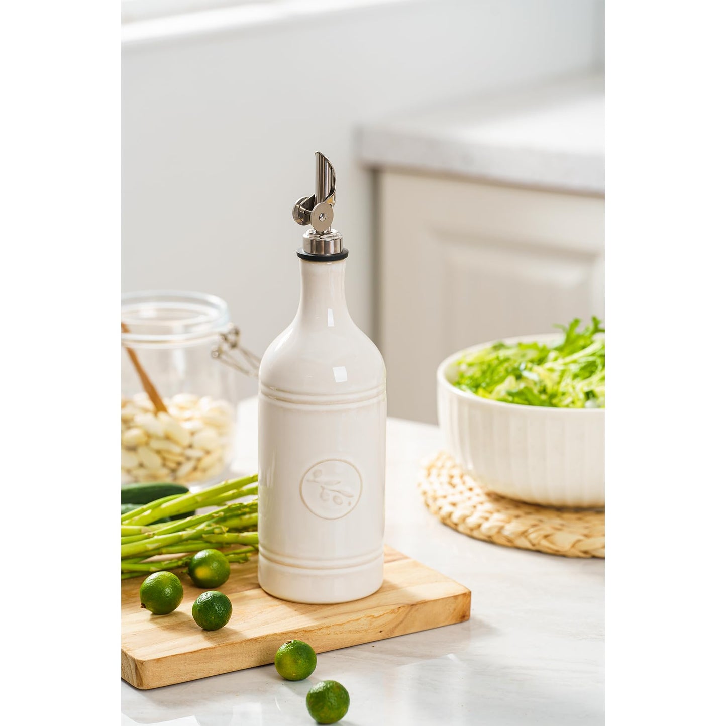 MIKIGEY Olive Oil Dispenser Bottle with Spout, 18 oz Ceramic Oil Dispensers for Kitchen, Opaque Cruet, EVOO & Vinegar Bottle with Automatic Stainless Steel Pourer, Pack of 1