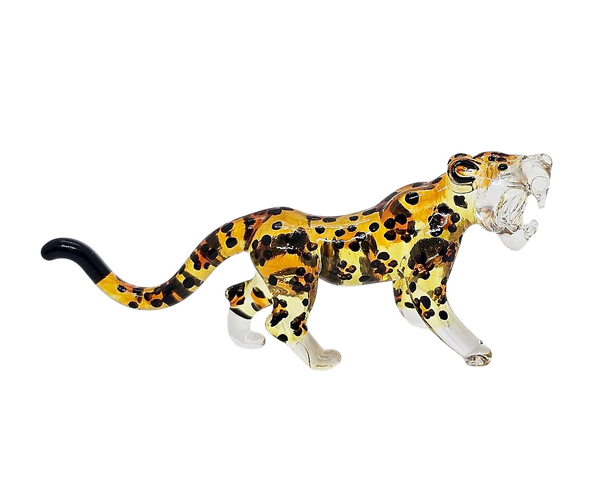 ChangThai Design Tiny 3½" Yellow Black Spotted Roaring Leopard Cheetah Jaguar Figurine - Miniature Hand Blown Glass Wild Cats Wildlife Felidae Animal Crystal Decorative Collectible Figures Décor Gifts