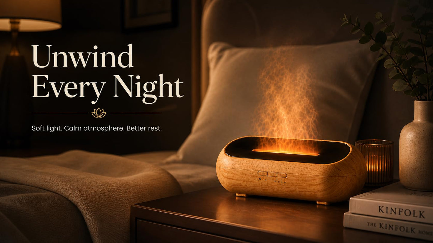 AquaAura LED Diffuser, 160ml Essential Oil Diffuser with Realistic Flame Mist, 7 LED Colors, Timer & Auto Shut-Off for Bedroom, Home, and Office