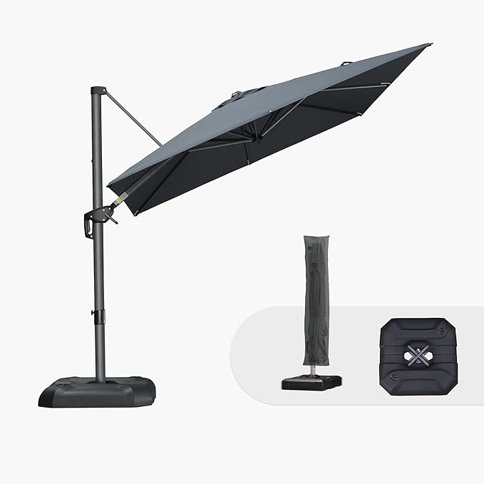 PURPLE LEAF 8'×8' Patio Cantilever Umbrella with Base Included Offset Outdoor Umbrella with cover Square umbrella outdoor patios for Backyard Pool Garden Grey