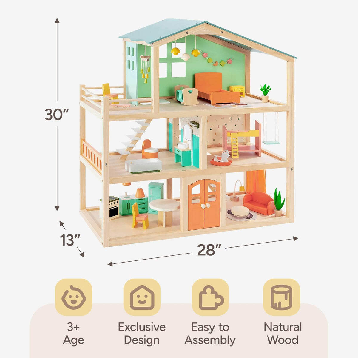 Giant bean Large Wooden Dollhouse with 32 Pcs Furniture Accessories, 3-Story Doll House 5 Rooms Balcony Wooden Stairs, Ideal Dollhouse Toy for Kids Ages 3+, 30" H x 28" L x 13" W