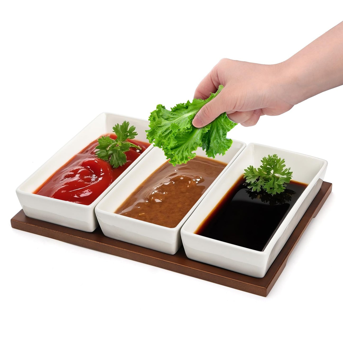 Elsjoy 3-Section Serving Tray, Wood Divided Serving Dish with Ceramic Bowls, 3-Compartment Food Platter Dipping Tray for Appetizer, Fruits, Bread