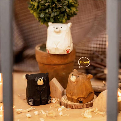 ShaoAngDuoMi Small Sitting Wooden Bear Figurines, 3-Pack – Hand-Carved Brown, Polar & Black Bears, 1.4" Cute Desk & Monitor Top Decor, Gift for Animal Lovers