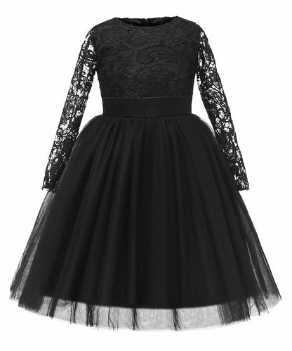 Flower Girl Dress Long Sleeves Lace Top Tulle Skirt Girls Lace Party Dresses (Size 10,Black)